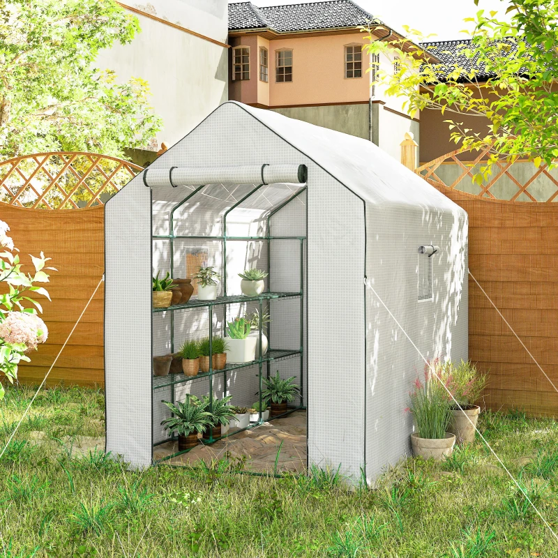 Outsunny Walk-in Greenhouse with 3 Tier, Garden Plant Growhouse with Roll-up Door and Mesh Windows, 140 x 213 x 190 cm, White
