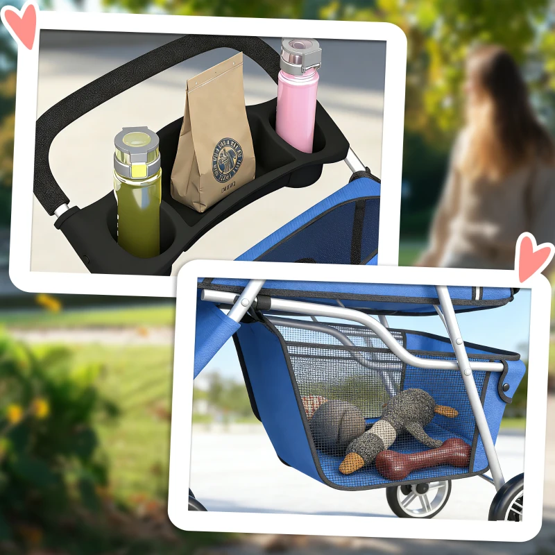 PawHut 3 Wheels Foldable Dog Stroller with Storage Basket, Adjustable Canopy, Cupholder for Miniature and Small Dogs, Blue