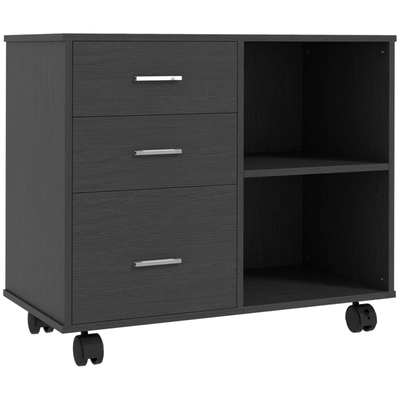 HOMCOM Modern Lateral Filing Cabinet, 3 Drawer File Cabinet for Letter and A4 Size Documents, Mobile, Printer Stand with Open Shelves, Rolling Wheels, Black