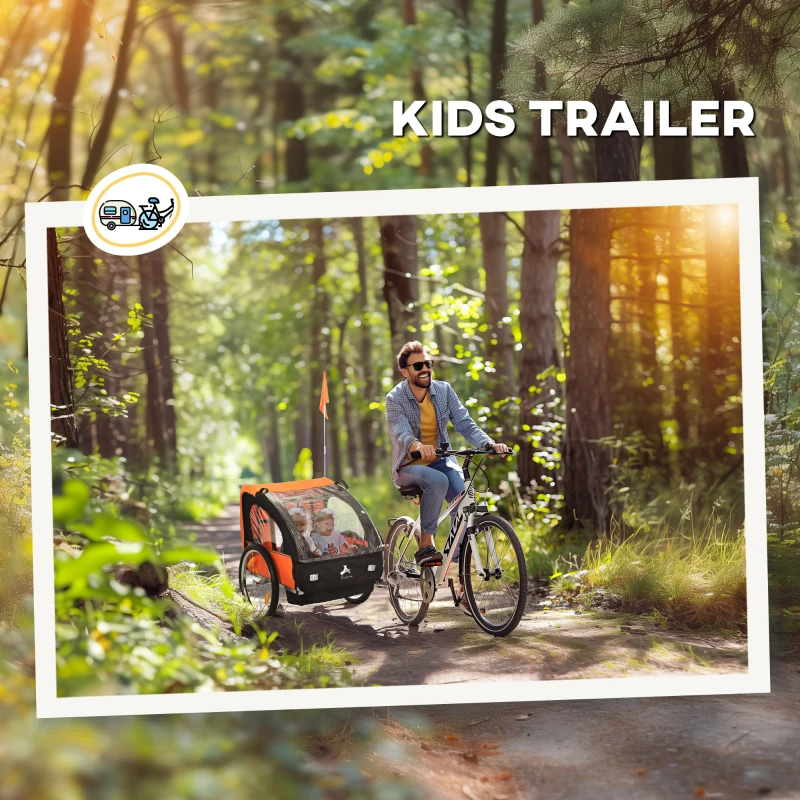 Aosom 2-Seat Child Bike Trailer for Kids with a Strong Steel Frame, 5-Point Safety Harnesses, & Comfortable Seat, Orange
