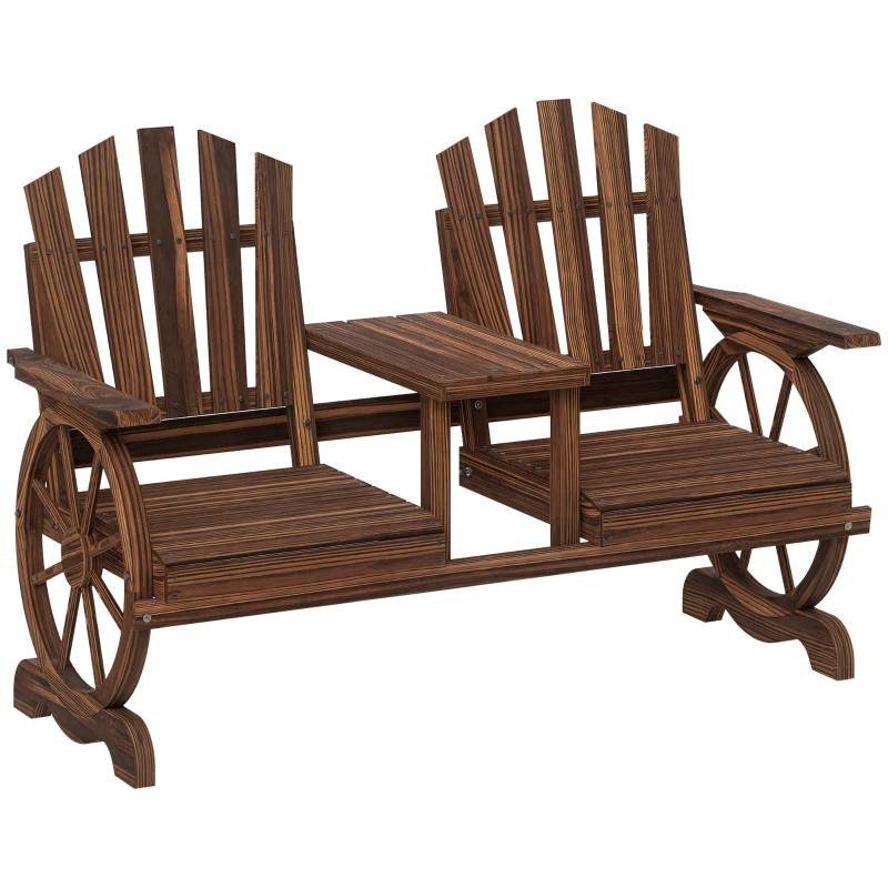 Outsunny Wooden Outdoor Loveseat, Wagon Wheel Outdoor Bench with Table, Carbonized