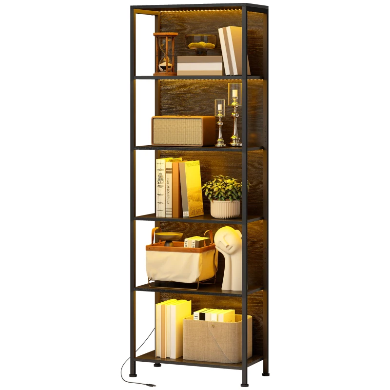 HOMCOM 5-Tier Bookshelf, Freestanding Bookcase with LED Lights and Metal Frame for Living Room, Bedroom, Home Office, Black