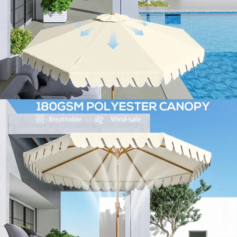 Outsunny 9 ft Patio Umbrella with Push Button Tilt and Crank, Double-ruffled Outdoor Market Table Umbrella Parasoll, Cream White