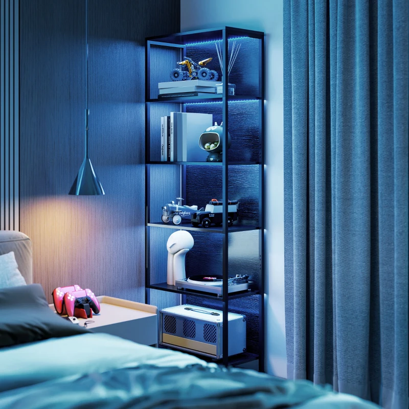 HOMCOM 5-Tier Bookshelf, Freestanding Bookcase with LED Lights and Metal Frame for Living Room, Bedroom, Home Office, Black