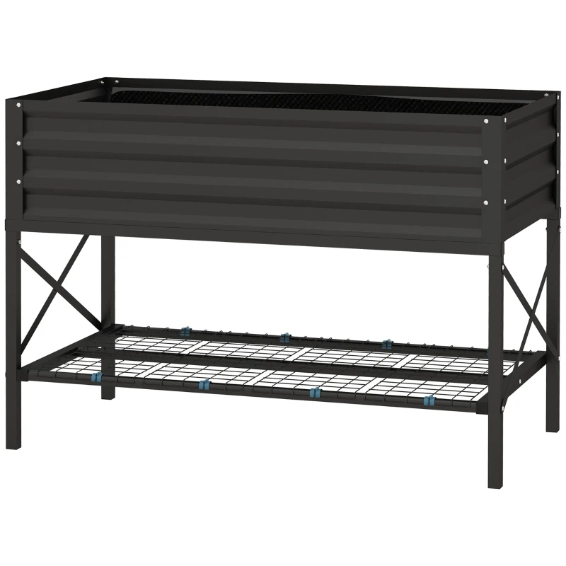 Outsunny Galvanized Raised Garden Bed, Metal Planter Box with Bed Liner and Storage Shelf, for Vegetables Flowers Herbs, Black