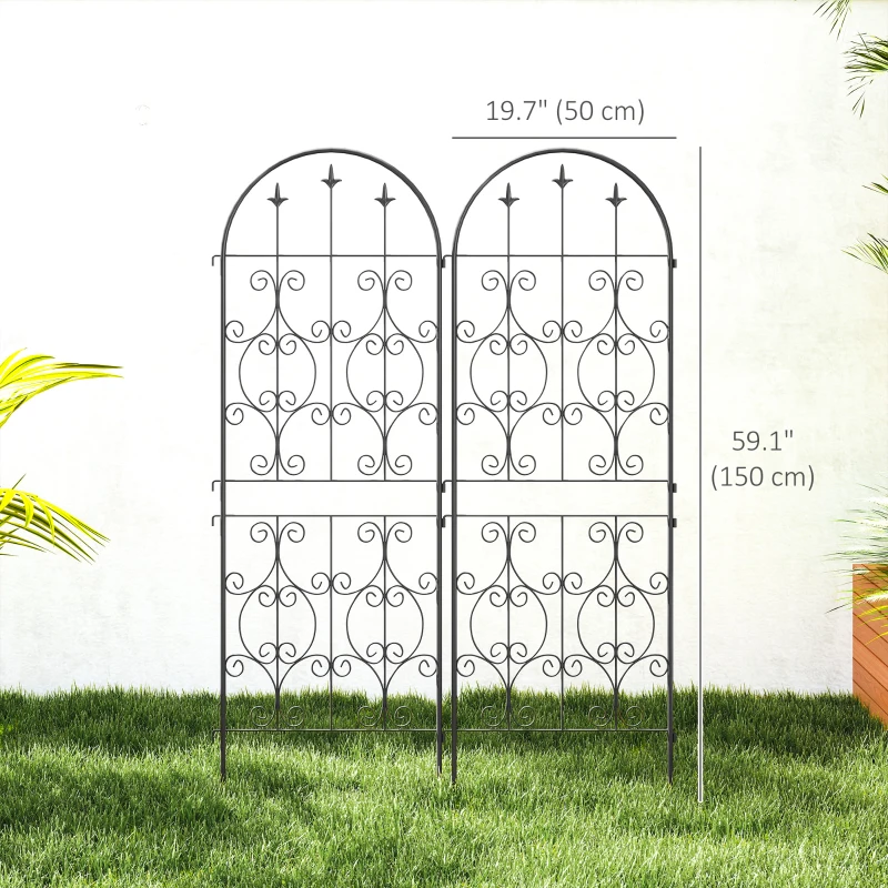 Outsunny Set of 2 Metal Garden Trellis, Decorative Trellis Panels, Scrollwork Design, 150 x 50 cm, Black