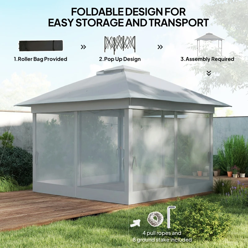 Outsunny 12' x 12' Foldable Pop-up Party Tent Instant Canopy Sun Shade Gazebo Shelter Steel Frame Oxford w/ Roller Bag, Light Grey
