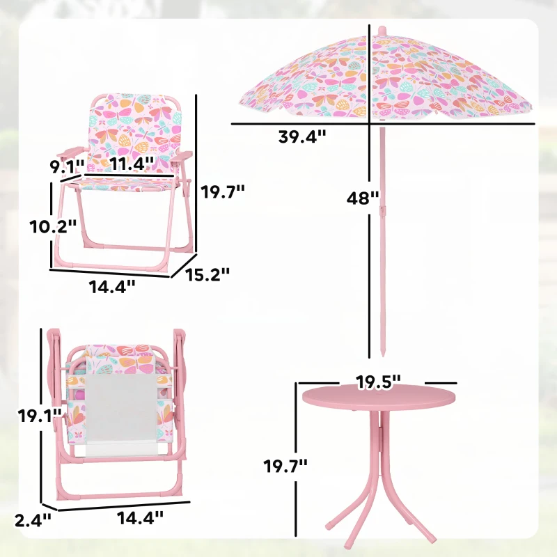 Qaba Kids Picnic Table and Chair Set, Outdoor Table with Foldable Chairs, Removable Umbrella, Pink