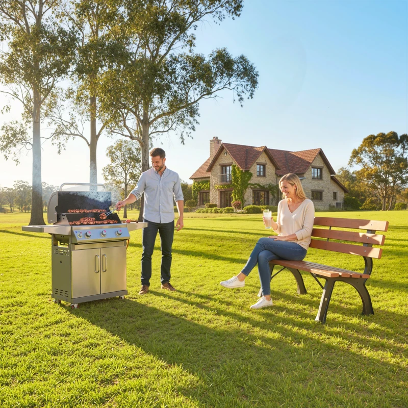 Outsunny 47 Inch Outdoor Garden Bench, Aluminum Wood Patio Loveseat with Slatted Seat Back, 528 lbs. for Porch, Park, Coffee