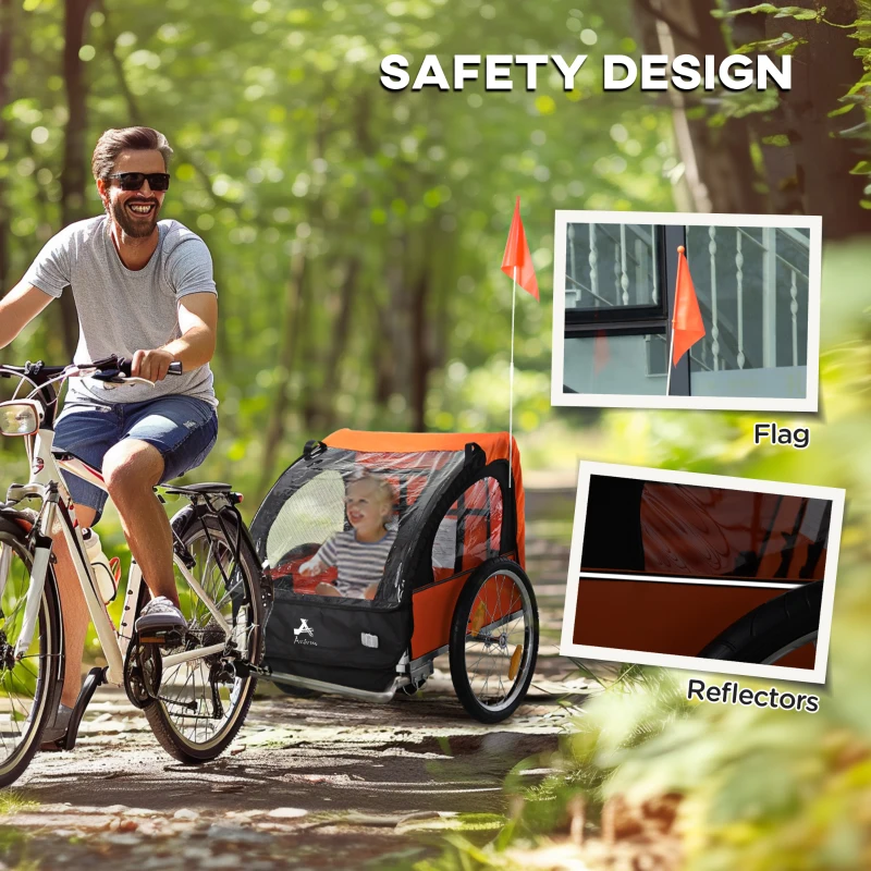 Aosom 2-Seat Child Bike Trailer for Kids with a Strong Steel Frame, 5-Point Safety Harnesses, & Comfortable Seat, Orange