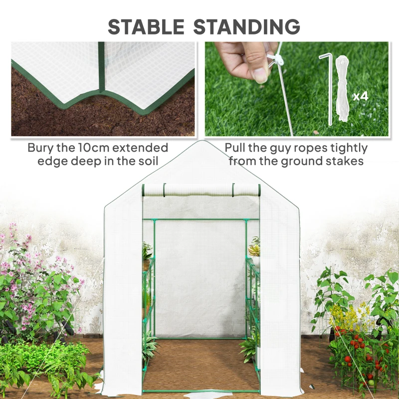 Outsunny Walk-in Greenhouse with 3 Tier, Garden Plant Growhouse with Roll-up Door and Mesh Windows, 140 x 213 x 190 cm, White