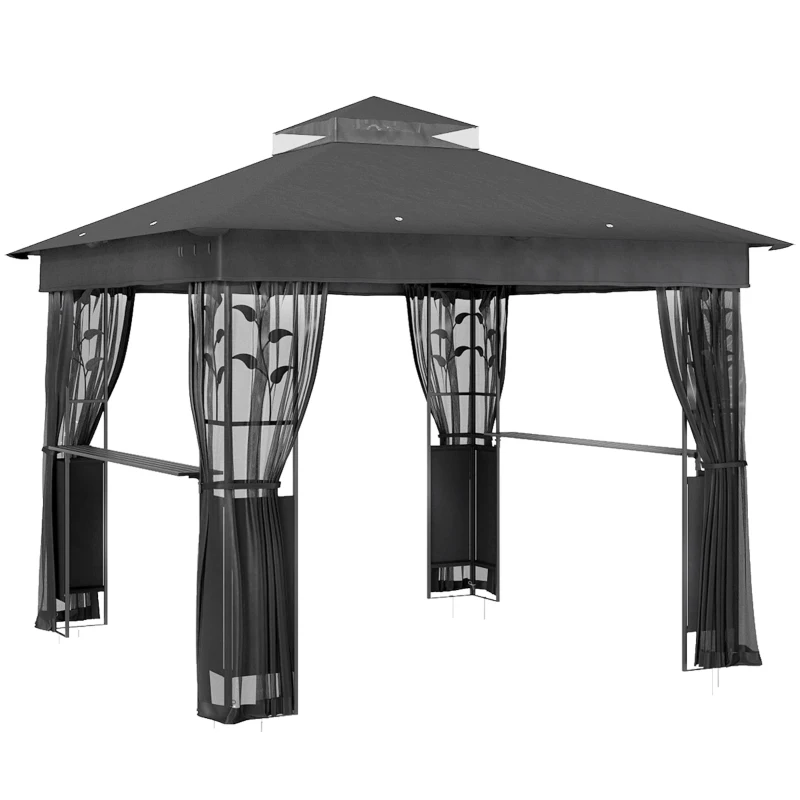 Outsunny 10' x 10' Outdoor Gazebo with Shelves and Netting, UV30+ Double Roof Patio Gazebo for Lawn, Backyard and Deck