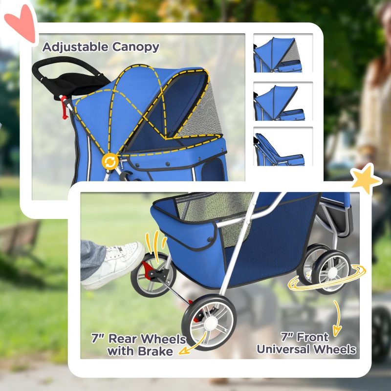 PawHut 3 Wheels Foldable Dog Stroller with Storage Basket, Adjustable Canopy, Cupholder for Miniature and Small Dogs, Blue