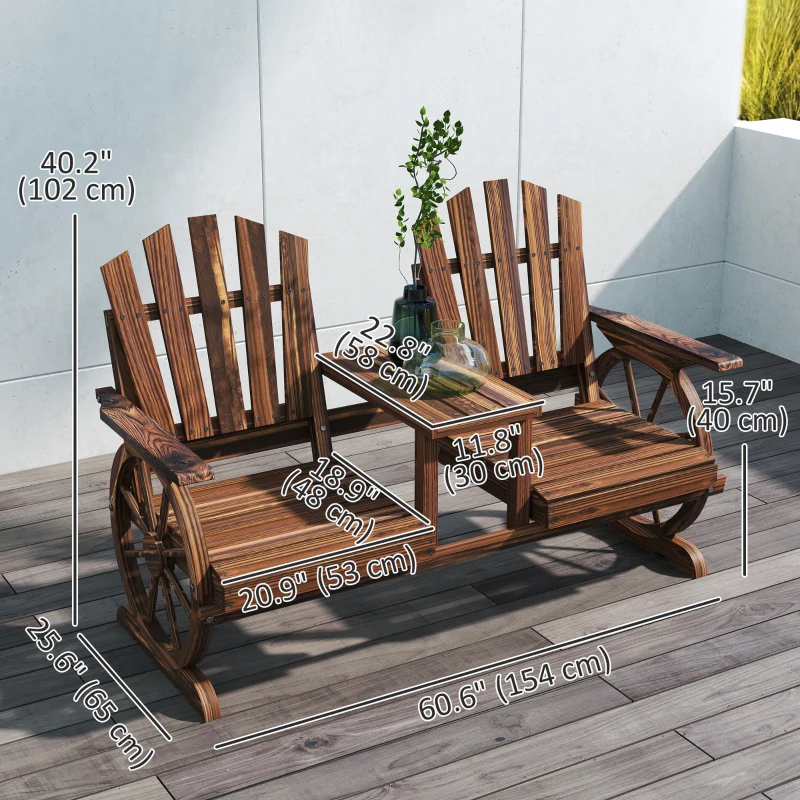 Outsunny Wooden Outdoor Loveseat, Wagon Wheel Outdoor Bench with Table, Carbonized