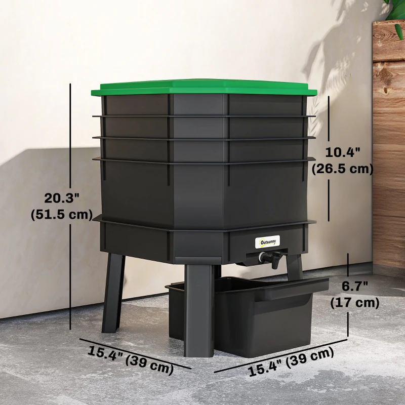 Outsunny 4-Tray Worm Composter Bin, 7.4 Gal Outdoor & Indoor Worm Composter for Recycling Food Waste, Dark Green