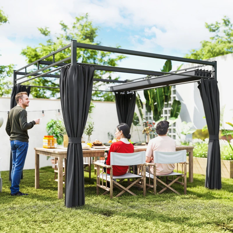 Outsunny 10' x 10' Outdoor Gazebo, Retractable Pergola Canopy with Curtains, UPF30+ Free Standing Metal Pergola Kit, Dark Grey