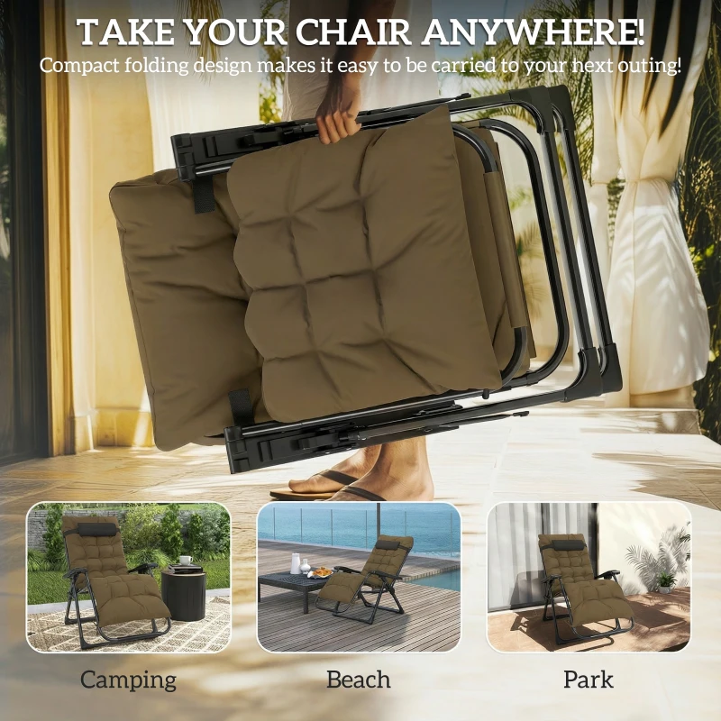 Outsunny Folding Garden Chair, Reclining Zero Gravity Chair, Sun Lounger with Cushion and Headrest, Khaki