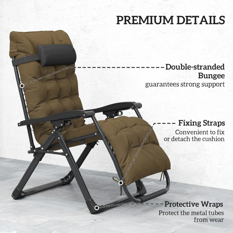 Outsunny Folding Garden Chair, Reclining Zero Gravity Chair, Sun Lounger with Cushion and Headrest, Khaki