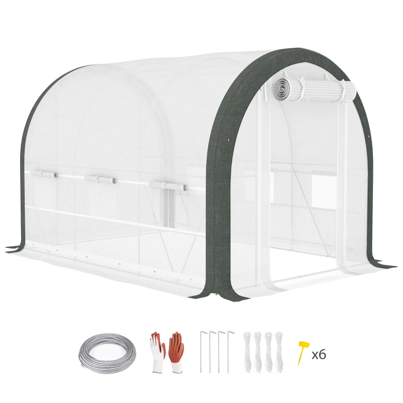 Outsunny 10'x6.6'x6.6' Upgraded Tunnel Greenhouse Green House with Mesh Door and Windows, 6 Plant Labels and Gloves, White