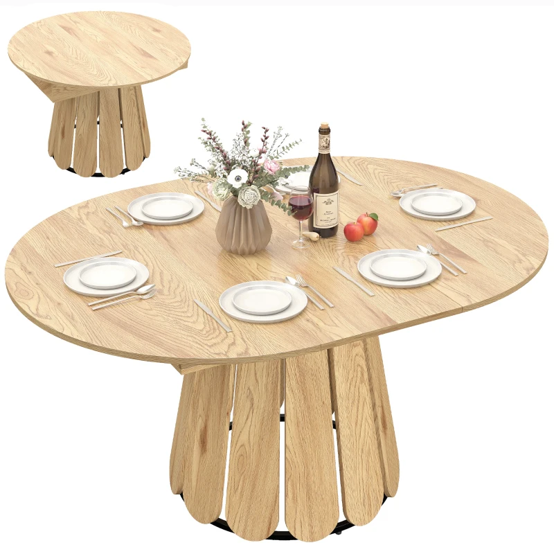 HOMCOM Extendable Dining Table, Round to Oval Convertible Kitchen Table with Storage Shelf for Dining Room, Natural