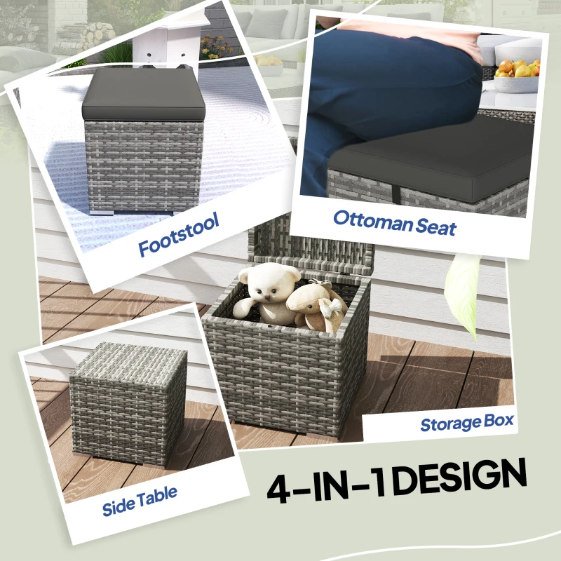 Outsunny 2 Pieces Wicker Outdoor Ottoman with Storage, Cushion, Square Outdoor Footstool, Seating, Side Table, Dark Grey