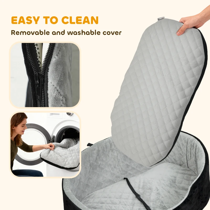 PawHut Dog Car Seat for Small Medium Pets, Detachable Washable Pet Bed with Cushion and Safety Belt for Dog Under 33lbs, Black