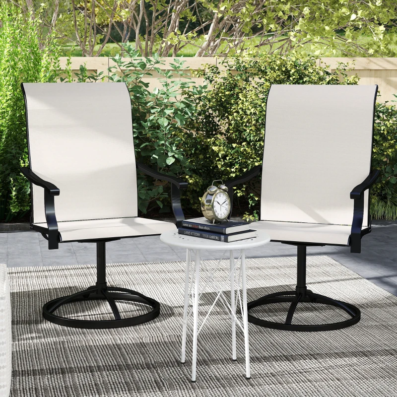 Outsunny Outdoor Swivel Dining Chairs Set of 2, High Back Swivel Chairs with All Weather Mesh for Deck, Backyard, Poolside, White