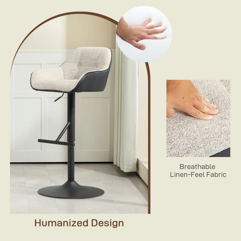 HOMCOM Bar Stools Set of 2, Swivel Counter Height Barstools with Back, Footrest, Armrests, Adjustable Height, Light Grey