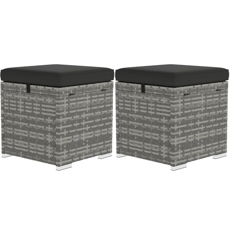 Outsunny 2 Pieces Wicker Outdoor Ottoman with Storage, Cushion, Square Outdoor Footstool, Seating, Side Table, Dark Grey