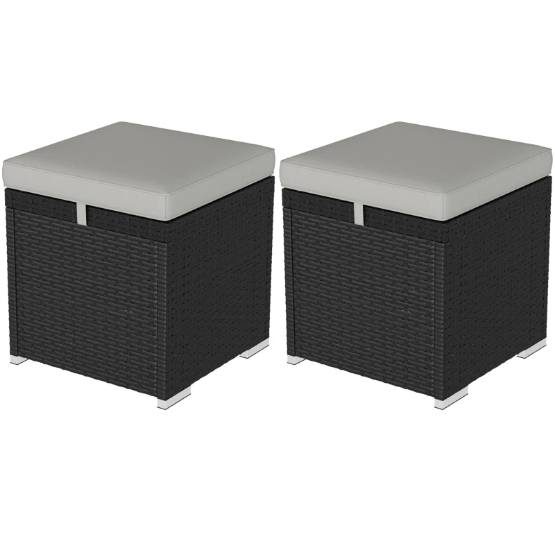 Outsunny 2 Pieces Wicker Outdoor Ottoman with Storage, Cushion, Square Outdoor Footstool, Seating, Side Table, Light Grey