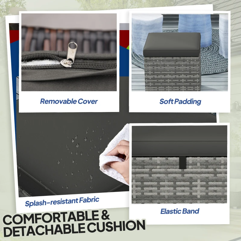 Outsunny 2 Pieces Wicker Outdoor Ottoman with Storage, Cushion, Square Outdoor Footstool, Seating, Side Table, Dark Grey