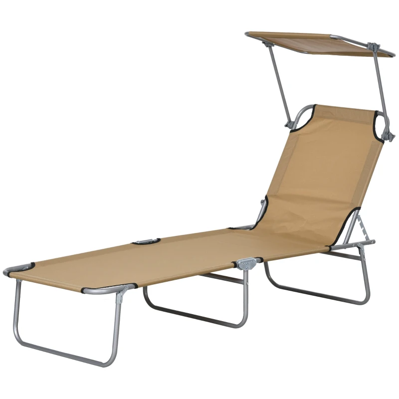Outsunny Outdoor Lounge Chair, Adjustable Folding Chaise Lounge with Sun Shade for Beach, Camping, Hiking, Brown