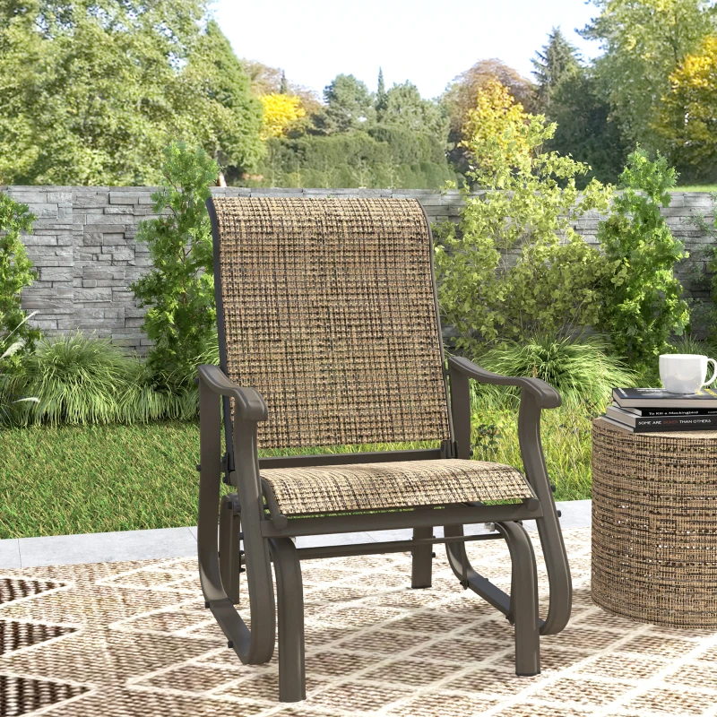 Outsunny Outdoor Glider Chair Patio Glider Swing Chair with Mesh Seat, Steel Frame for Backyard, Garden, Porch, Light Mixed Brown