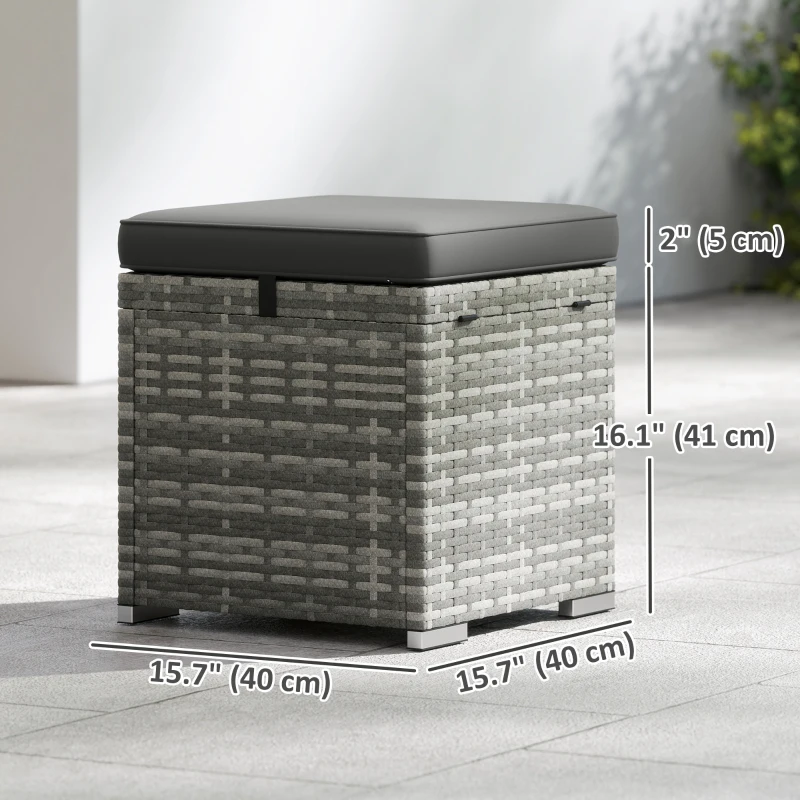 Outsunny 2 Pieces Wicker Outdoor Ottoman with Storage, Cushion, Square Outdoor Footstool, Seating, Side Table, Dark Grey