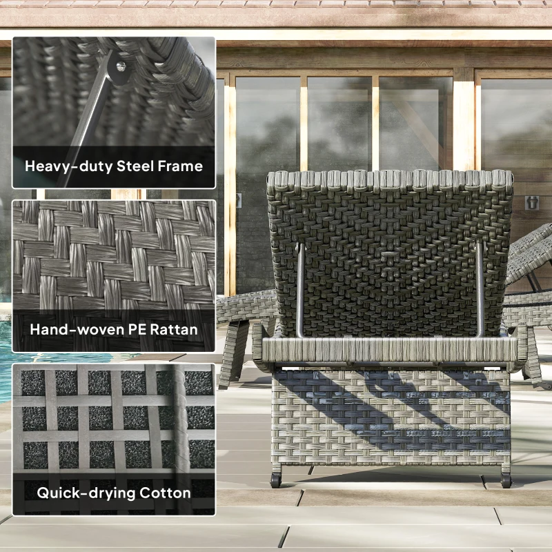 Outsunny Patio Lounger, Folding Wicker Outdoor Chaise Lounge with 4-Level Adjustable Backrest, Grey