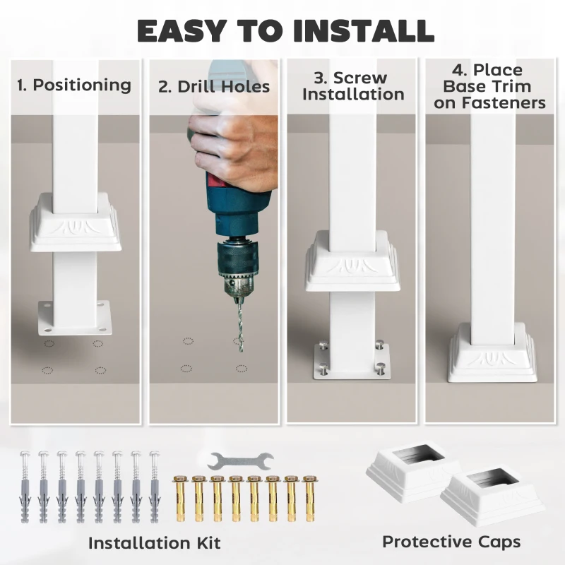 Outsunny 1-3 Step Handrails for Outdoor Steps, Porch Deck Railing, Metal Outdoor Stair Railing with Installation Kit, White