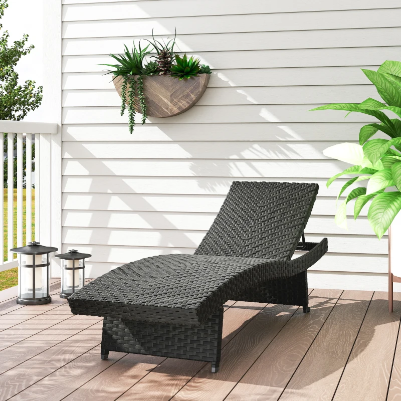 Outsunny Patio Lounger, Folding Wicker Outdoor Chaise Lounge with 4-Level Adjustable Backrest, Black