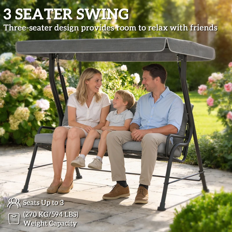 Outsunny 3-Seat Patio Swing Chair, Outdoor Swing Glider with Adjustable Canopy, Removable Thicken Cushion, and Weather Resistant Steel Frame, for Garden, Poolside, Backyard, Gray