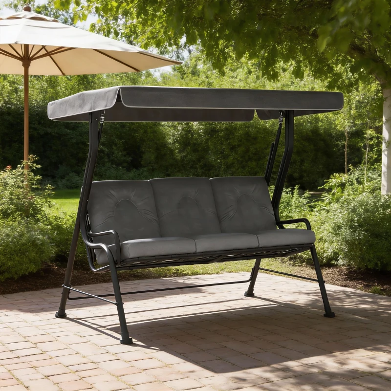 Outsunny 3-Seat Patio Swing Chair, Outdoor Swing Glider with Adjustable Canopy, Removable Thicken Cushion, and Weather Resistant Steel Frame, for Garden, Poolside, Backyard, Gray