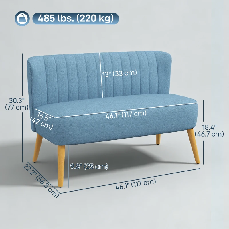 HOMCOM 2 Seat Sofa, Upholstered Loveseat Sofa with Rubber Wood Legs, Blue