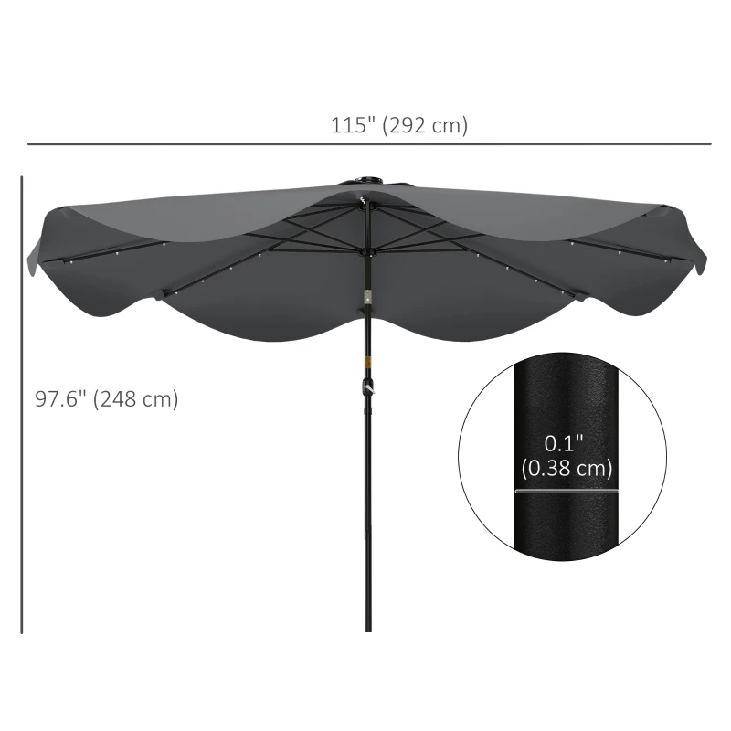 Outsunny Solar Patio Umbrella with LED and Tilt, Outdoor Market Table Umbrella Parasol with Crank, 10 x 10 ft, Dark Grey