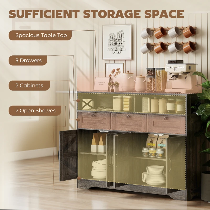 HOMCOM Sideboard, Buffet Cabinet with 4 Barn Doors and 3 Drawers, Coffee Bar Cabinet with Adjustable Shelves, Dark Brown