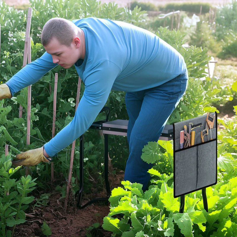 Outsunny Garden Kneeler and Seat, Foldable Gardening Stool Bench with Thick EVA Foam Kneeling Pad and 1 Large Tool Pouch, Grey