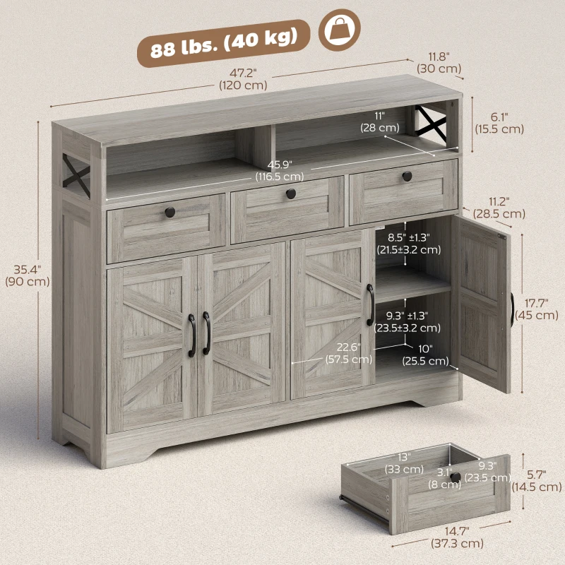 HOMCOM Sideboard, Buffet Cabinet with 4 Barn Doors and 3 Drawers, Coffee Bar Cabinet with Adjustable Shelves, Grey