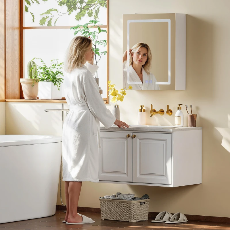 HOMCOM Bathroom Medicine Cabinet with Lights, Wall Mounted Mirror Cabinet with Demister Pad, Adjustable Shelves, White