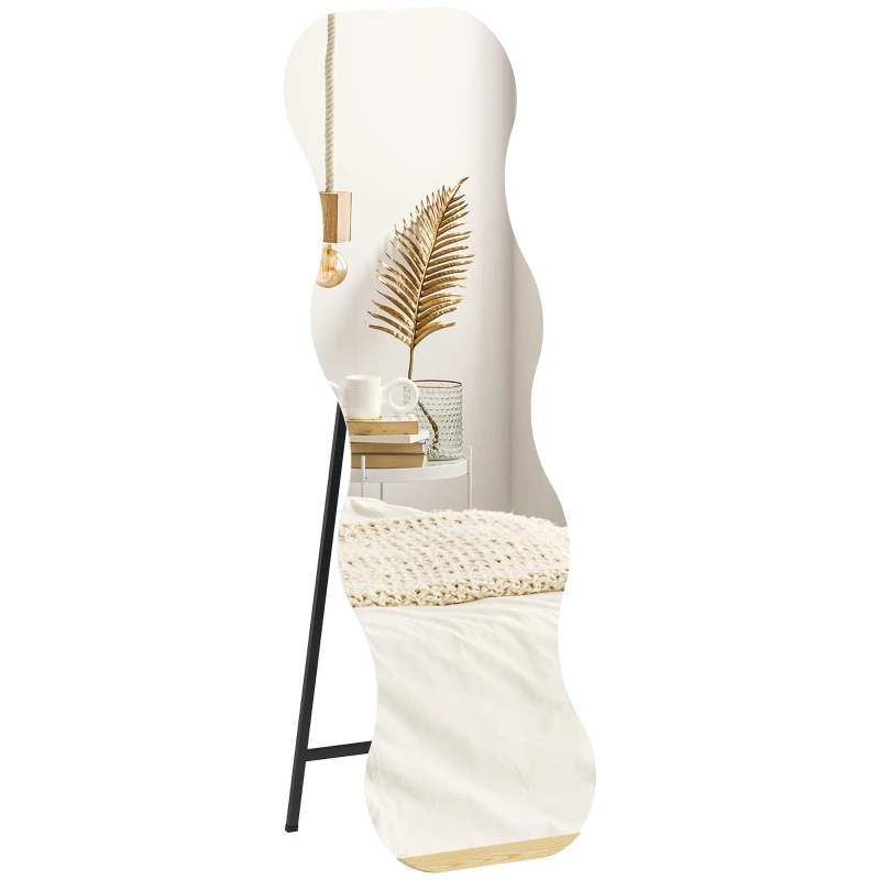 HOMCOM 64" x 21" Full Length Mirror, Irregular Wavy Frameless Full Body Mirror with Pine Wood Base for Bedroom, Black