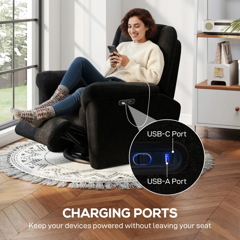 HOMCOM Power Recliner Chair, Fabric Upholstered Recliner Chair with USB Ports, Swivel and Rocking Function, Footrest, Black