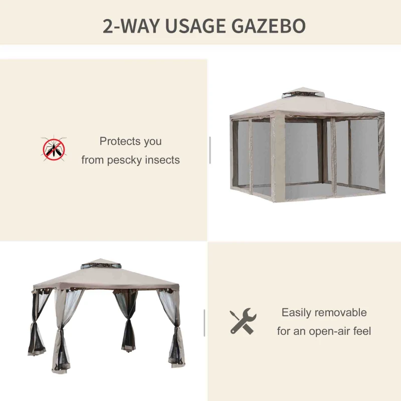 Outsunny 10' x 10' Patio Gazebo Outdoor Pavilion 2 Tire Roof Canopy Shelter Garden Event Party Tent Steel Frame, Brown