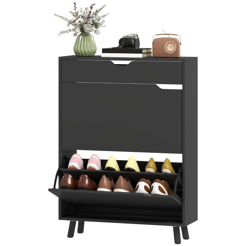 HOMCOM Narrow Shoe Cabinet for Entryway with 2 Flip Drawers, Top Drawer and Adjustable Shelves for 12 Pairs of Shoes, Black