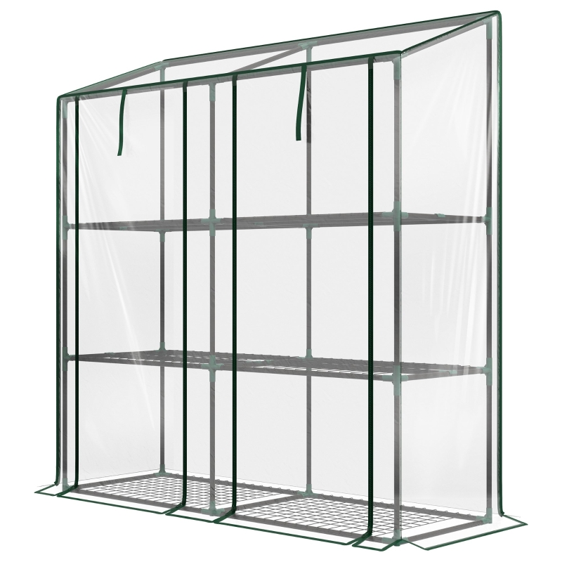 Outsunny Lean-to Greenhouse, Portable Greenhouse with 3 Tier Shelves, 2 Roll-Up Zippered Doors, 56.3" x 18.1" x 59.4", Clear